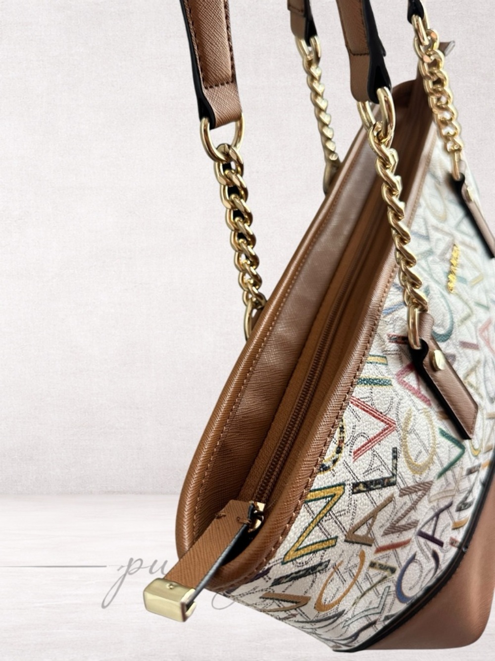 Calvin Klein White Multicolor Logo Tote with Brown Trim - Picture 4 of 8